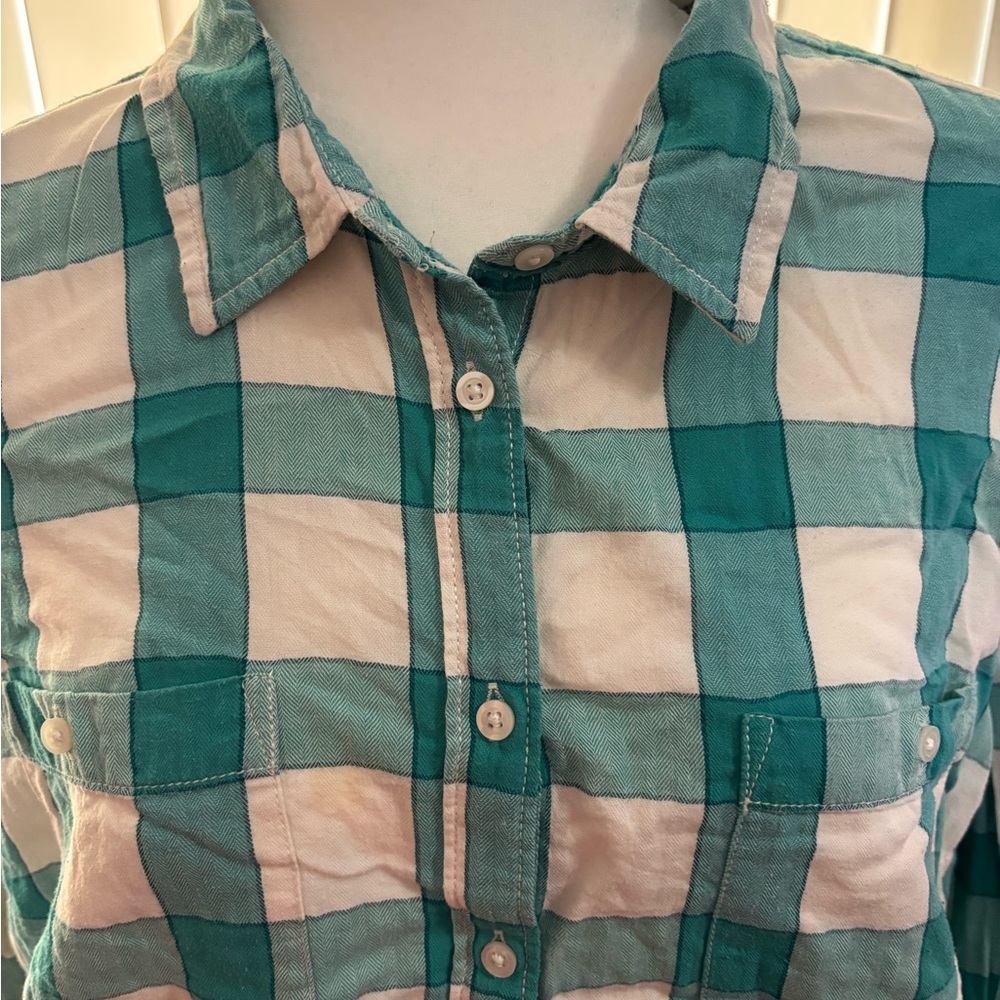 St. John's Bay Green and White Plaid Flannel Shirt